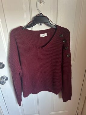 Pink Rose Button-Shoulder Crew Sweater - Burgundy